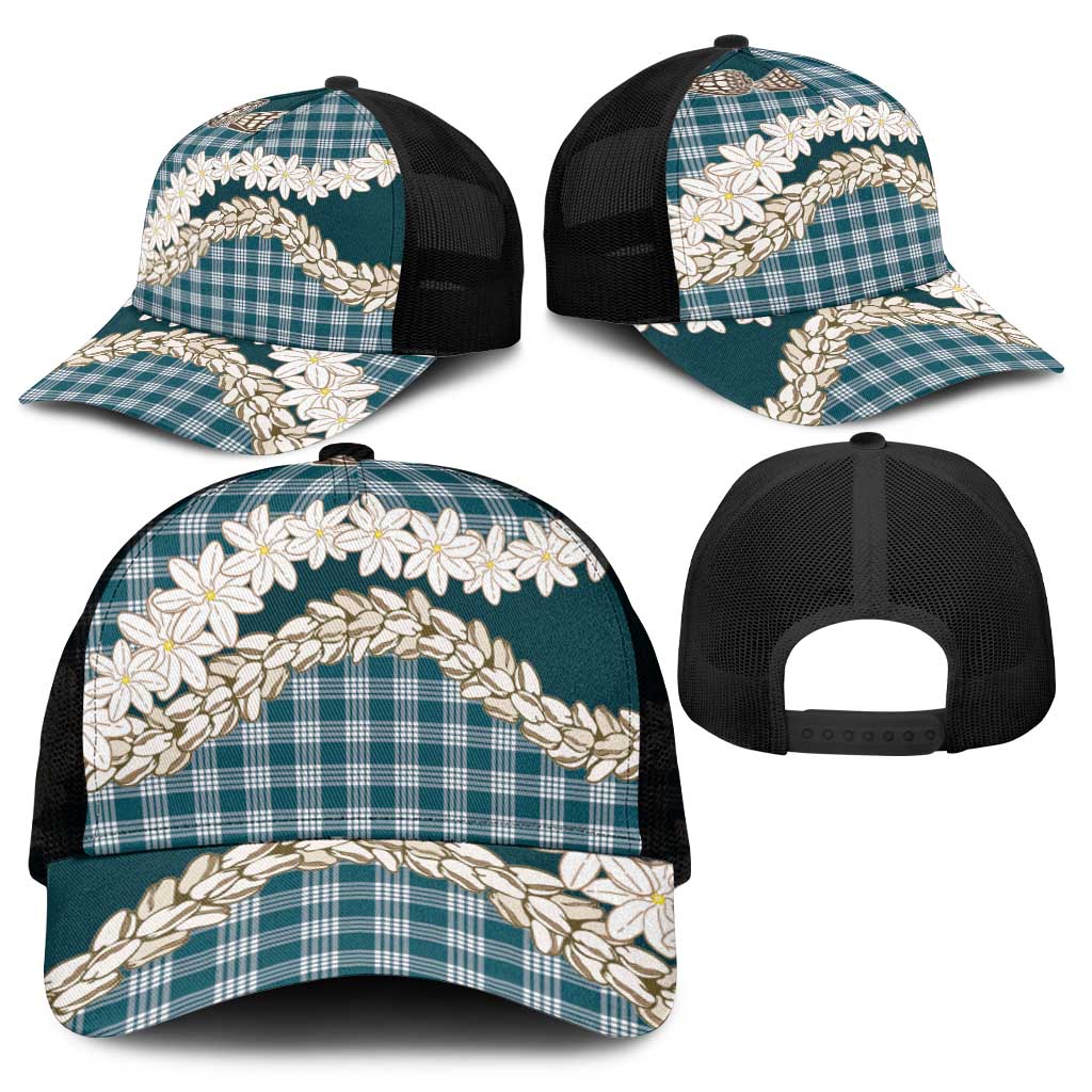 Dark Cyan Hawaii Tiare and Shell Lei Mesh Trucker Cap Hawaiian Palaka Luxury Vibes - Polynesian Pride