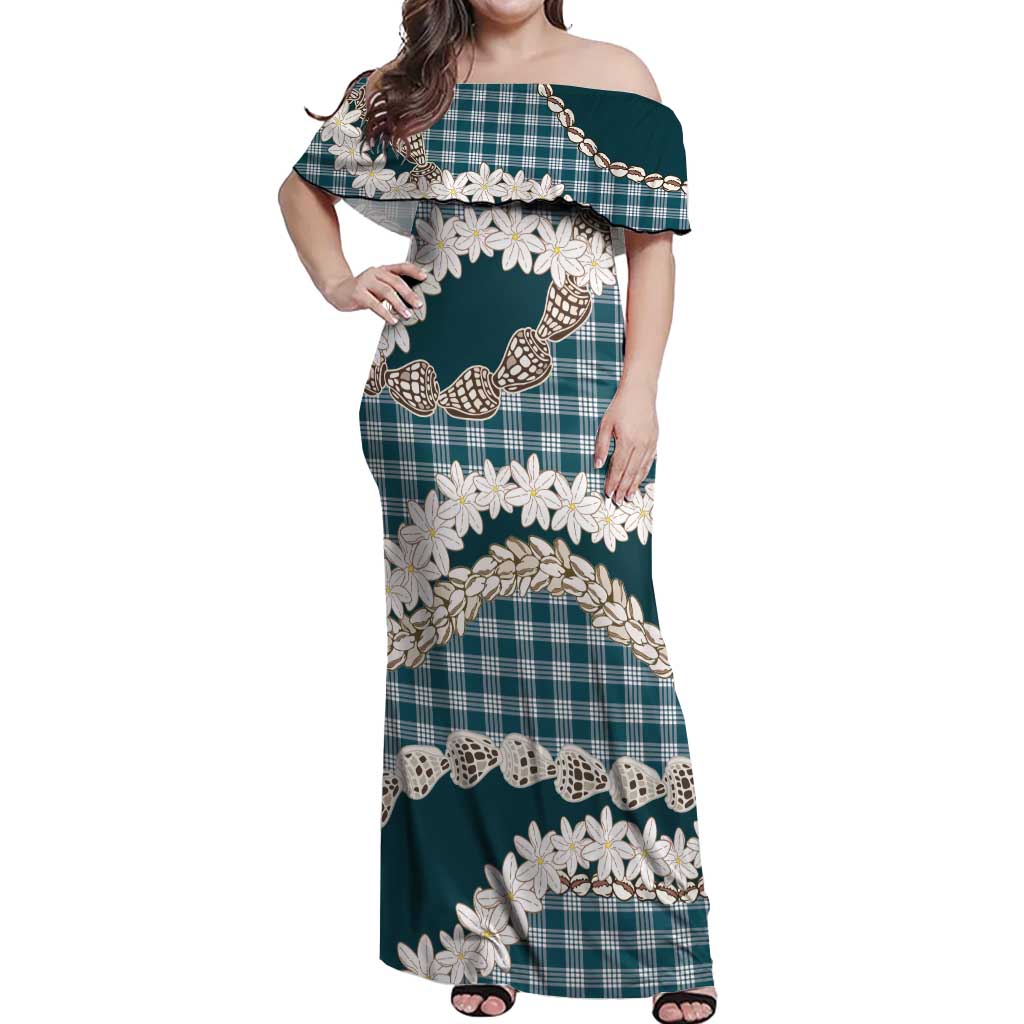 Dark Cyan Hawaii Tiare and Shell Lei Off Shoulder Maxi Dress Hawaiian Palaka Luxury Vibes - Polynesian Pride