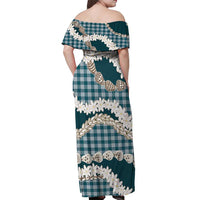 Dark Cyan Hawaii Tiare and Shell Lei Off Shoulder Maxi Dress Hawaiian Palaka Luxury Vibes - Polynesian Pride