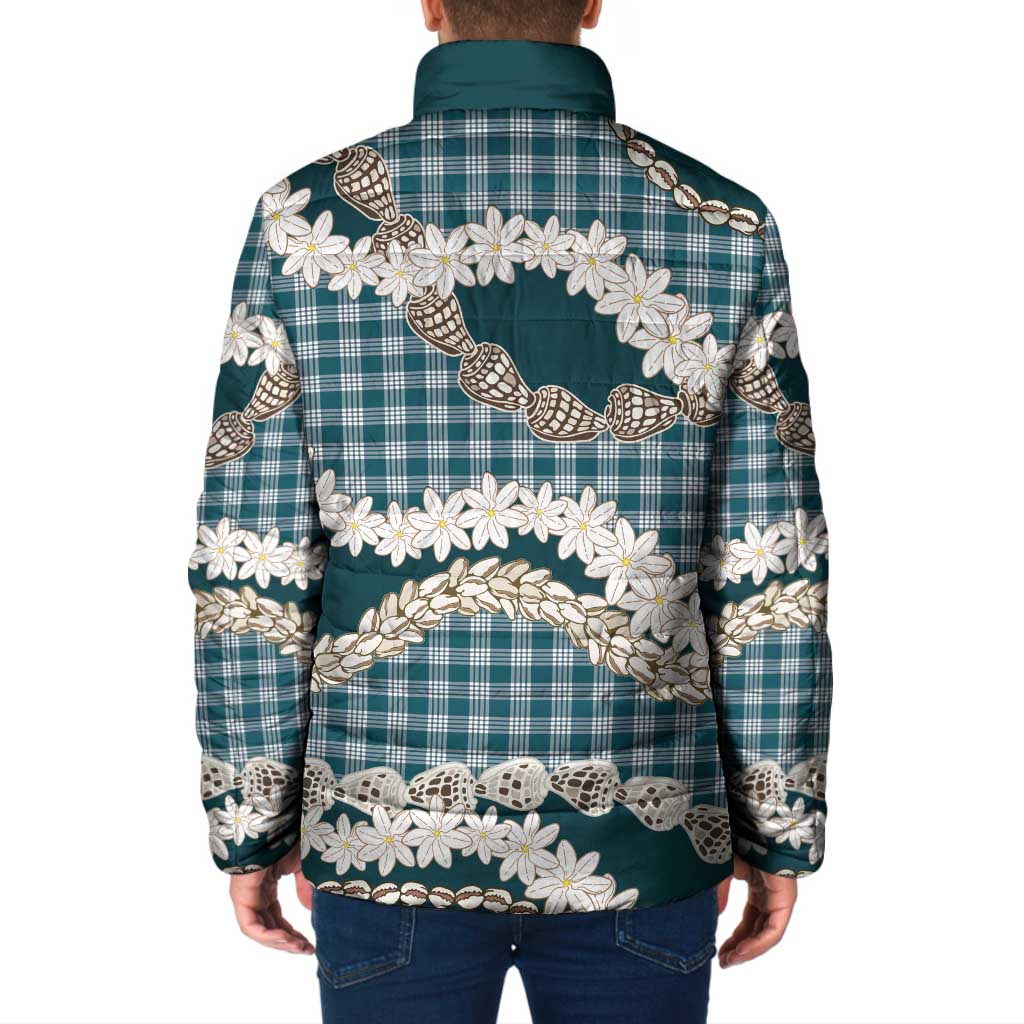 Dark Cyan Hawaii Tiare and Shell Lei Padded Jacket Hawaiian Palaka Luxury Vibes - Polynesian Pride