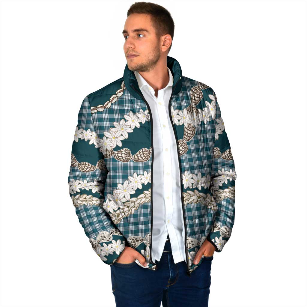 Dark Cyan Hawaii Tiare and Shell Lei Padded Jacket Hawaiian Palaka Luxury Vibes - Polynesian Pride