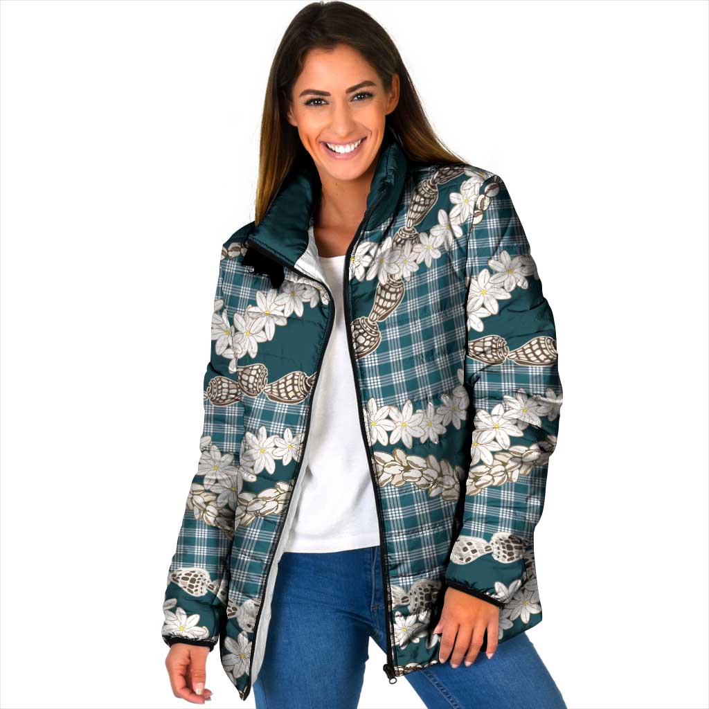 Dark Cyan Hawaii Tiare and Shell Lei Padded Jacket Hawaiian Palaka Luxury Vibes - Polynesian Pride