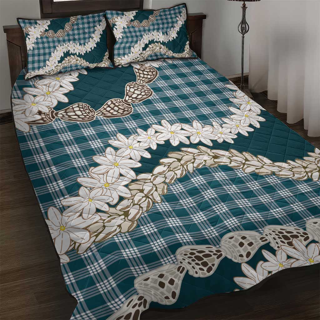 Dark Cyan Hawaii Tiare and Shell Lei Quilt Bed Set Hawaiian Palaka Luxury Vibes - Polynesian Pride
