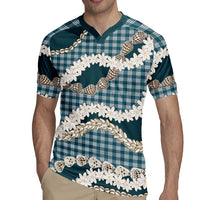 Dark Cyan Hawaii Tiare and Shell Lei Rugby Jersey Hawaiian Palaka Luxury Vibes - Polynesian Pride