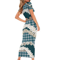 Dark Cyan Hawaii Tiare and Shell Lei Short Sleeve Bodycon Dress Hawaiian Palaka Luxury Vibes - Polynesian Pride