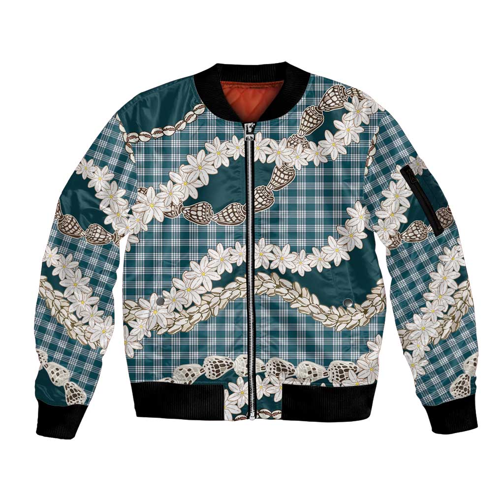 Dark Cyan Hawaii Tiare and Shell Lei Sleeve Zip Bomber Jacket Hawaiian Palaka Luxury Vibes LT14 Unisex Dark Cyan - Polynesian Pride