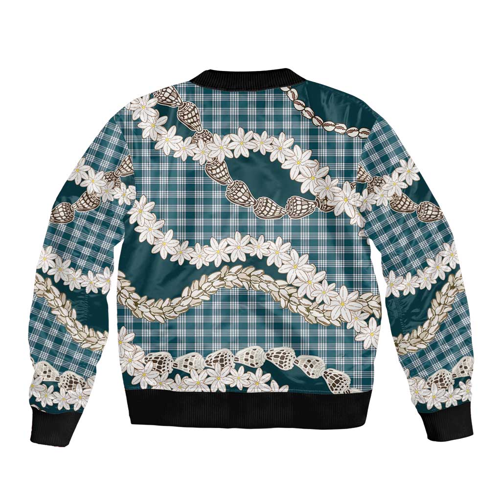 Dark Cyan Hawaii Tiare and Shell Lei Sleeve Zip Bomber Jacket Hawaiian Palaka Luxury Vibes LT14 - Polynesian Pride