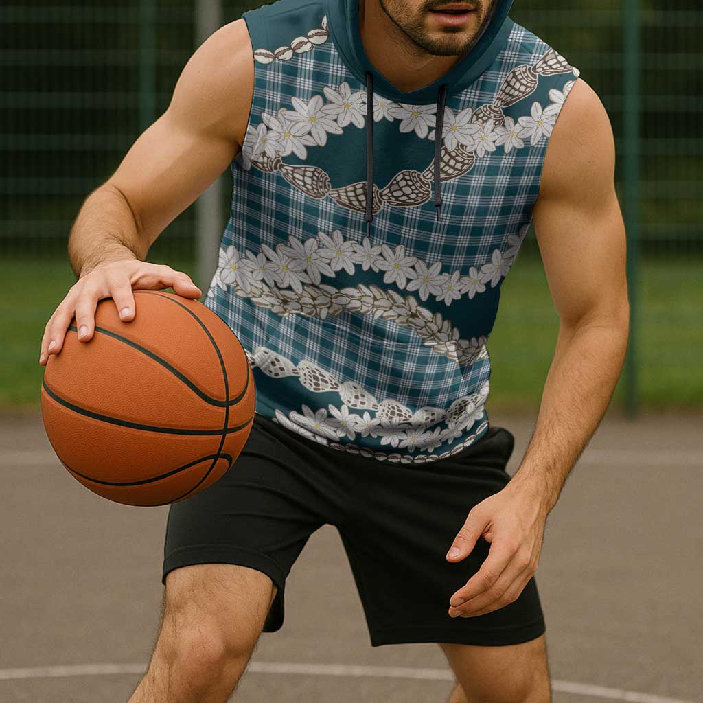 Dark Cyan Hawaii Tiare and Shell Lei Sleeveless Hoodie Hawaiian Palaka Luxury Vibes - Polynesian Pride