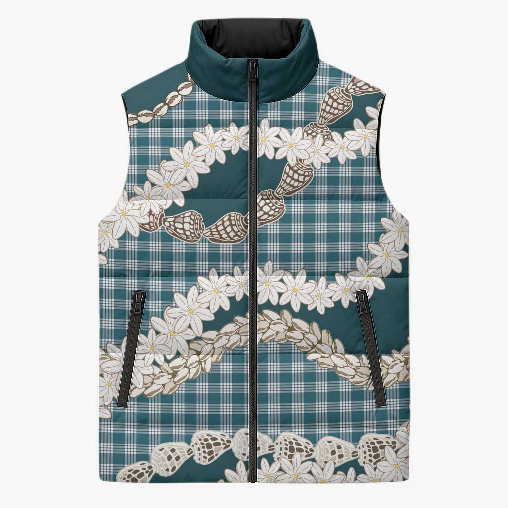Dark Cyan Hawaii Tiare and Shell Lei Sleeveless Puffer Jacket Hawaiian Palaka Luxury Vibes - Polynesian Pride