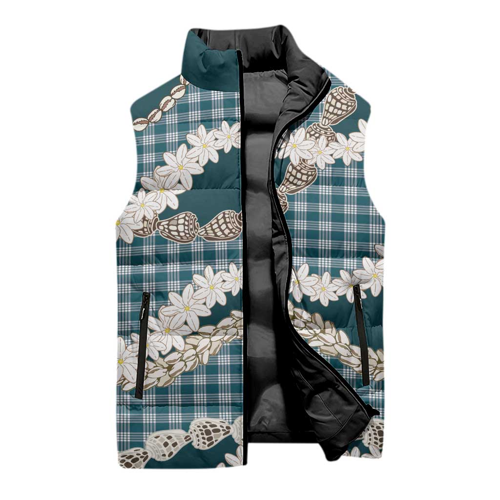 Dark Cyan Hawaii Tiare and Shell Lei Sleeveless Puffer Jacket Hawaiian Palaka Luxury Vibes - Polynesian Pride