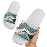 Dark Cyan Hawaii Tiare and Shell Lei Slide Sandals Hawaiian Palaka Luxury Vibes - Polynesian Pride