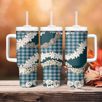 Dark Cyan Hawaii Tiare and Shell Lei Tumbler With Handle Hawaiian Palaka Luxury Vibes - Polynesian Pride