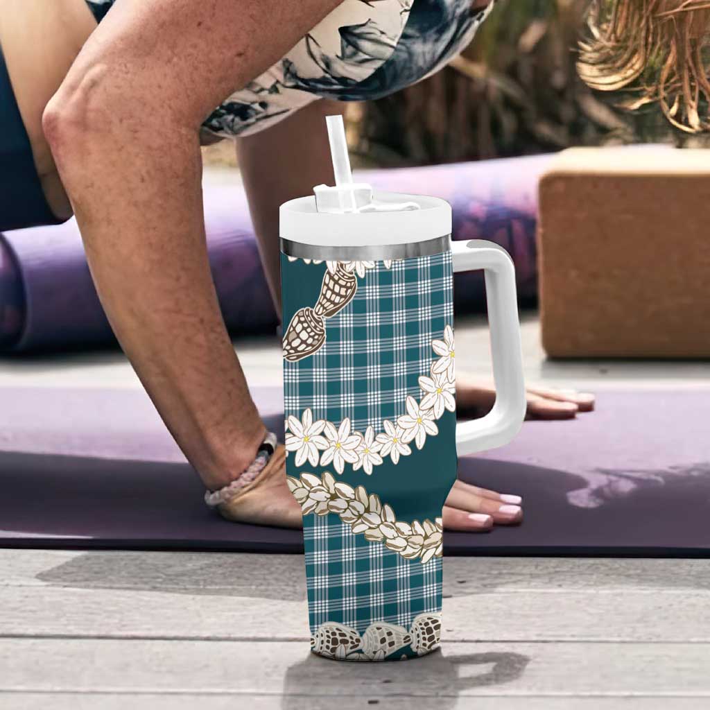 Dark Cyan Hawaii Tiare and Shell Lei Tumbler With Handle Hawaiian Palaka Luxury Vibes - Polynesian Pride
