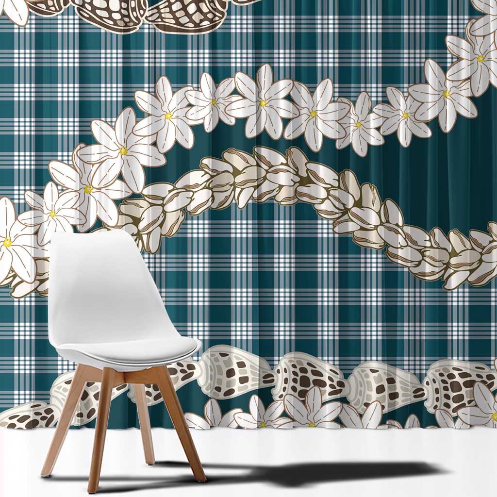 Dark Cyan Hawaii Tiare and Shell Lei Window Curtain Hawaiian Palaka Luxury Vibes - Polynesian Pride
