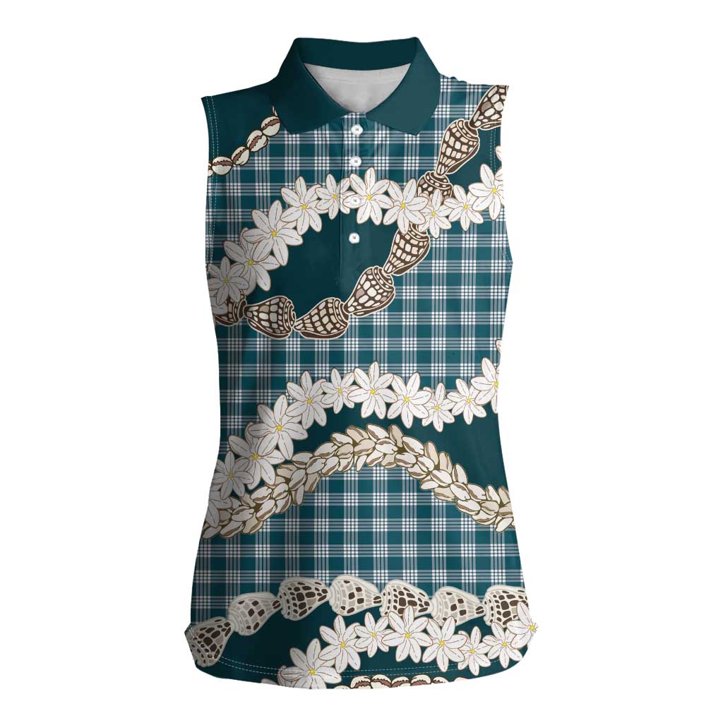 Dark Cyan Hawaii Tiare and Shell Lei Women Sleeveless Polo Shirt Hawaiian Palaka Luxury Vibes - Polynesian Pride