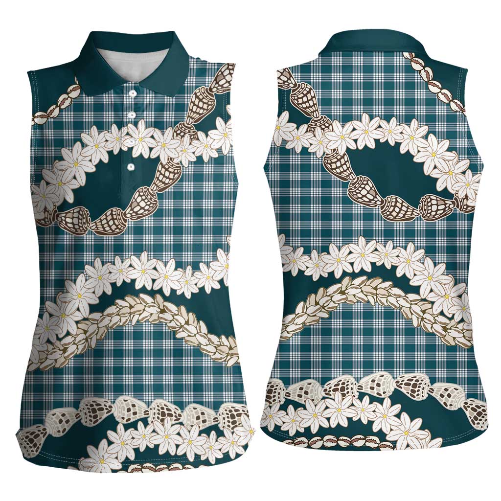 Dark Cyan Hawaii Tiare and Shell Lei Women Sleeveless Polo Shirt Hawaiian Palaka Luxury Vibes - Polynesian Pride