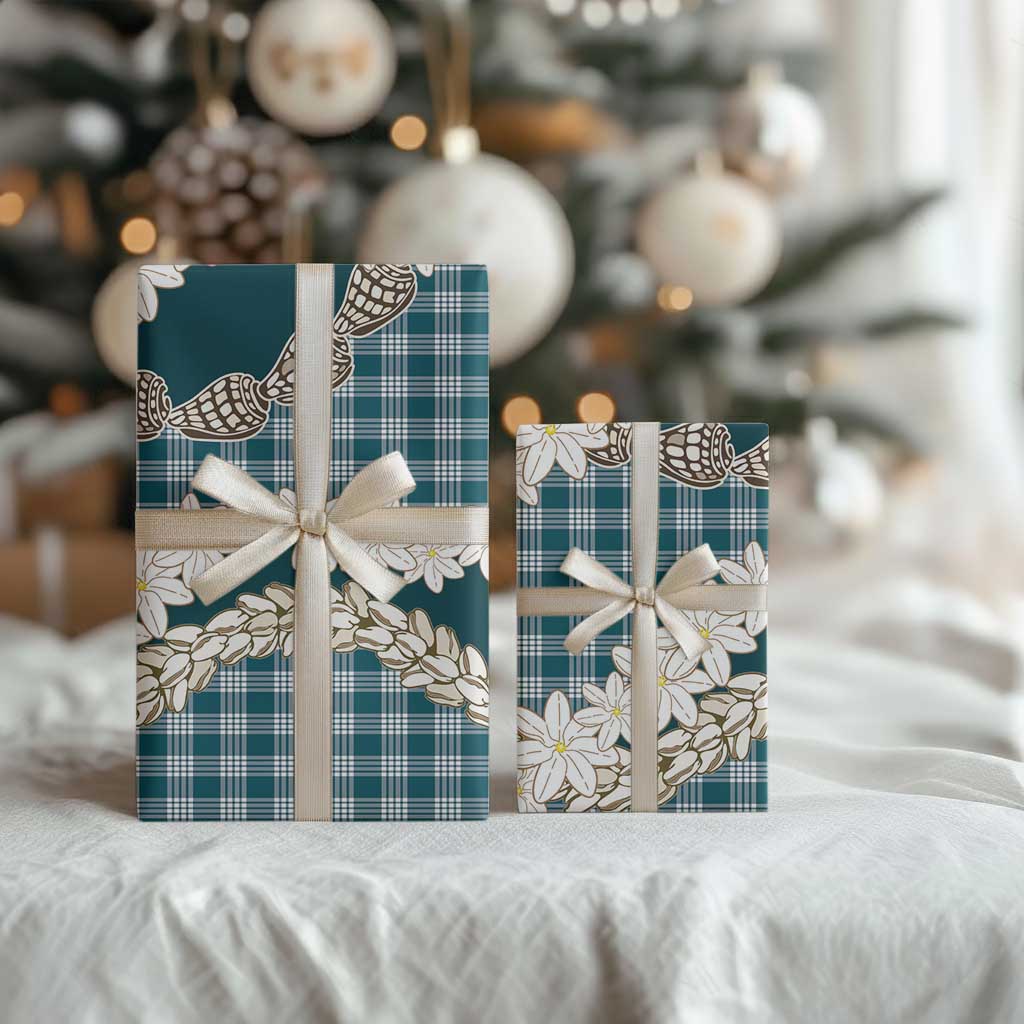 Dark Cyan Hawaii Tiare and Shell Lei Wrapping Paper Hawaiian Palaka Luxury Vibes - Polynesian Pride