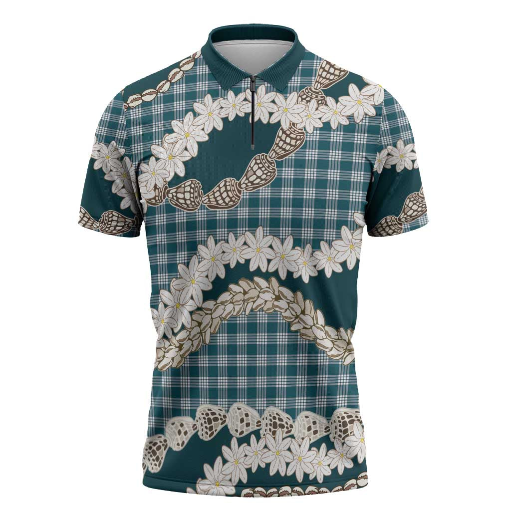 Dark Cyan Hawaii Tiare and Shell Lei Zipper Polo Shirt Hawaiian Palaka Luxury Vibes - Polynesian Pride