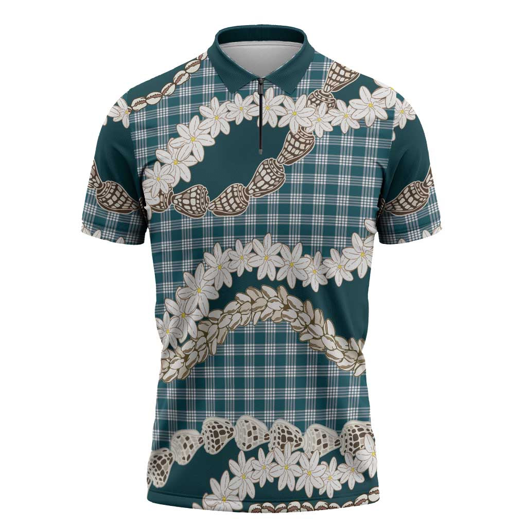 Dark Cyan Hawaii Tiare and Shell Lei Zipper Polo Shirt Hawaiian Palaka Luxury Vibes - Polynesian Pride