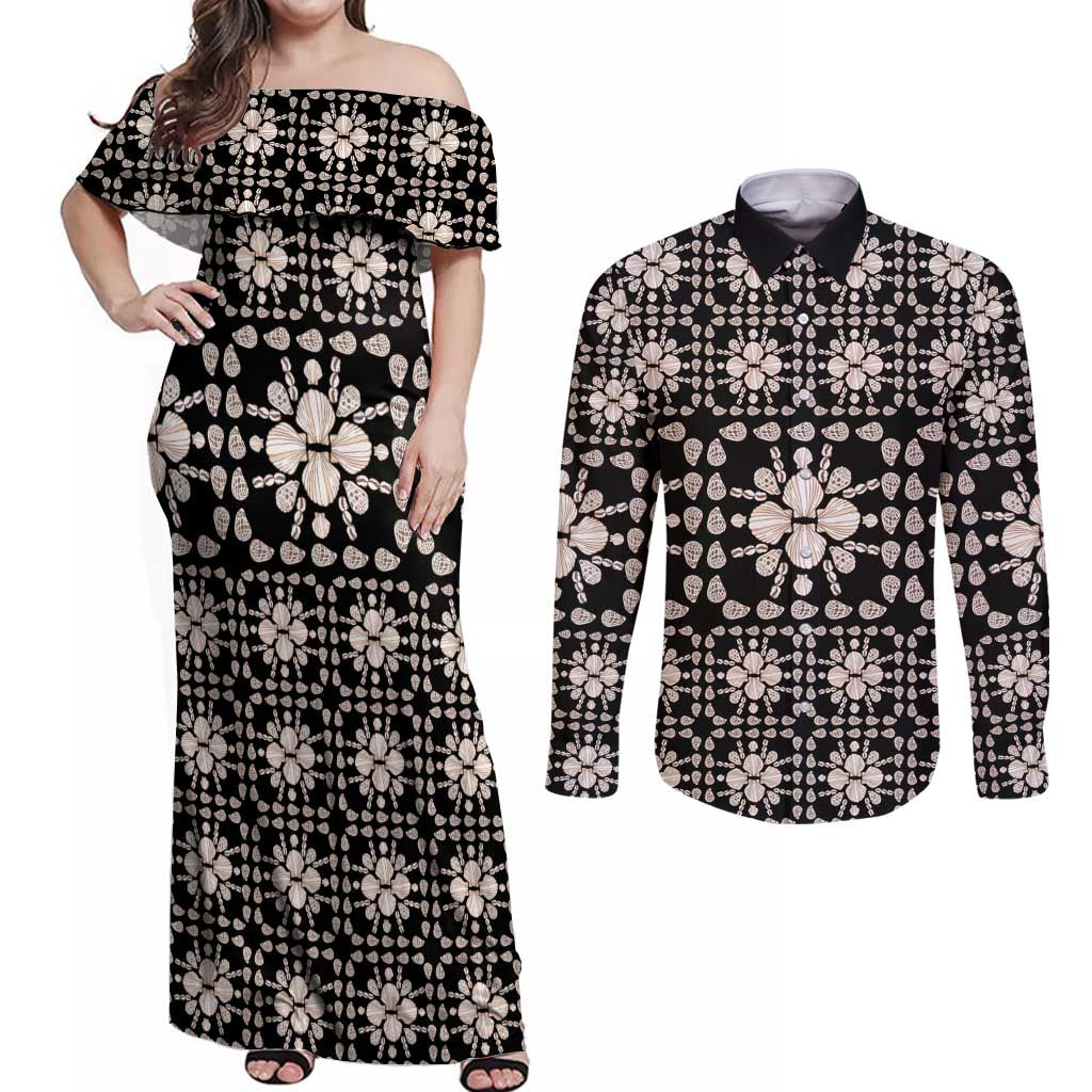 Aloha Hawaii Shell Quilt Couples Matching Off Shoulder Maxi Dress and Long Sleeve Button Shirt Seamless Style LT14 Black - Polynesian Pride