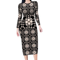 Aloha Hawaii Shell Quilt Long Sleeve Bodycon Dress Seamless Style LT14 Long Dress Black - Polynesian Pride