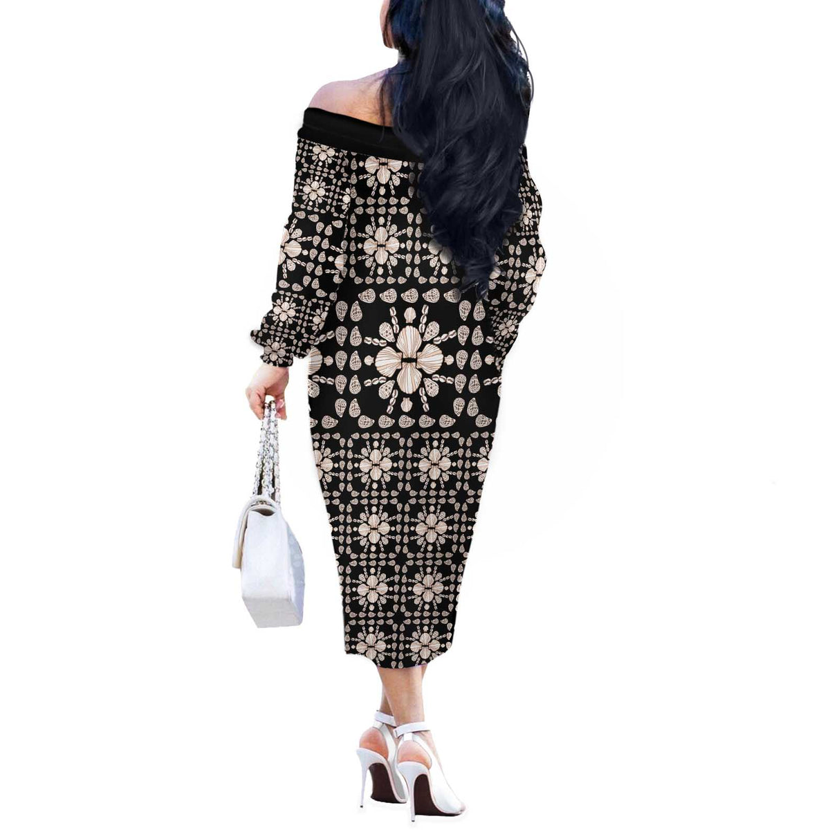 Aloha Hawaii Shell Quilt Off The Shoulder Long Sleeve Dress Seamless Style LT14 - Polynesian Pride