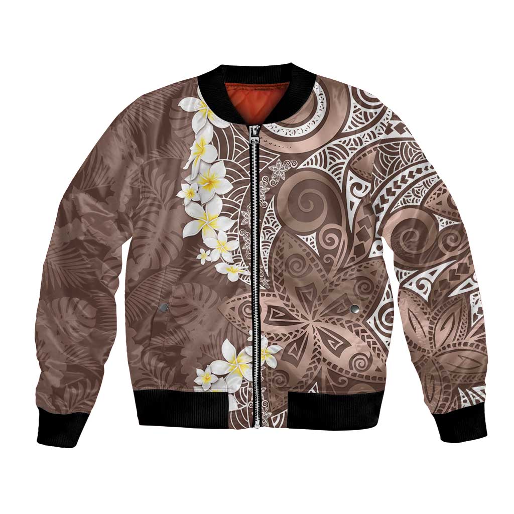 Mocha Mousse Polynesian Tribal Frangipani Tropical Vibe Bomber Jacket LT14 Unisex Mocha Mousse - Polynesian Pride