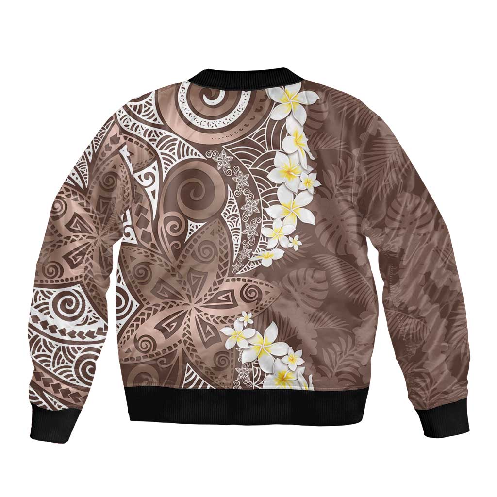 Mocha Mousse Polynesian Tribal Frangipani Tropical Vibe Bomber Jacket