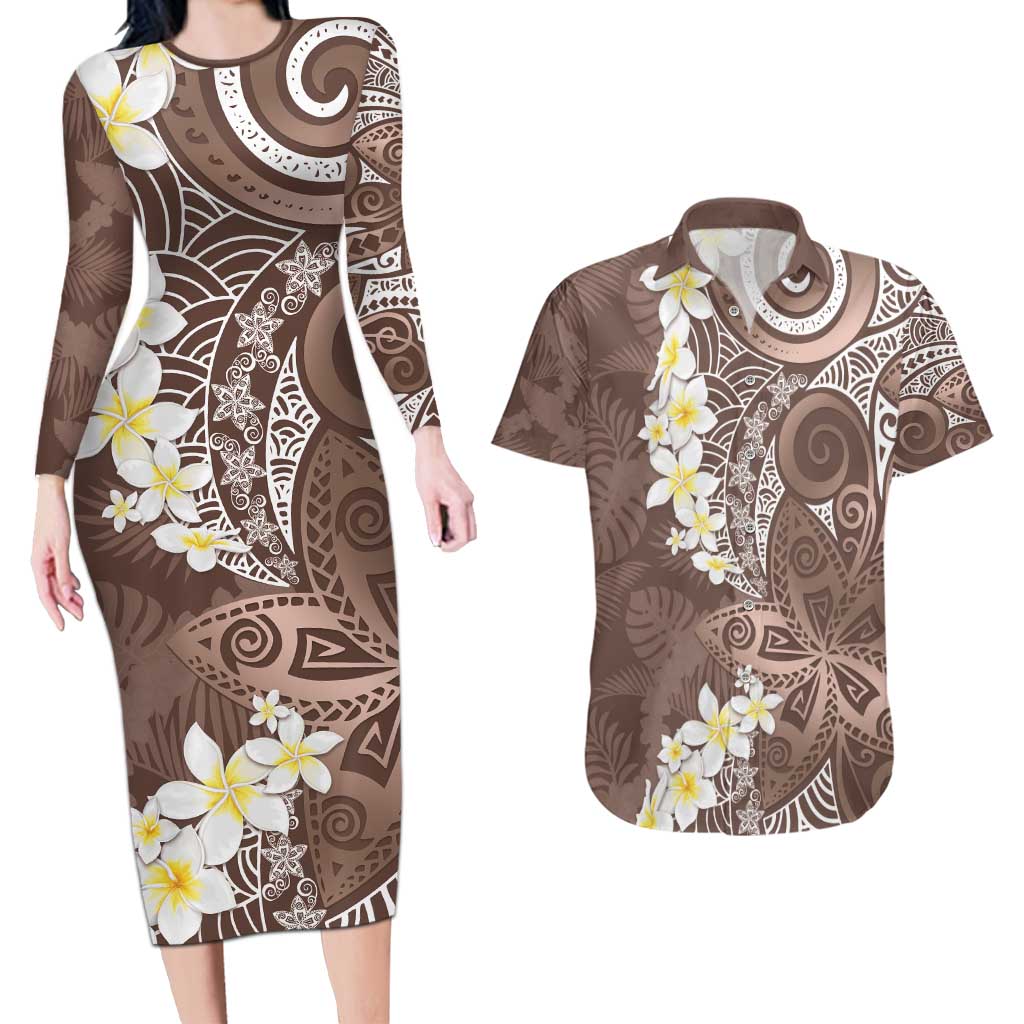 Mocha Mousse Polynesian Tribal Frangipani Tropical Vibe Couples Matching Long Sleeve Bodycon Dress and Hawaiian Shirt