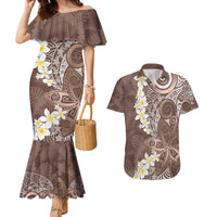 Mocha Mousse Polynesian Tribal Frangipani Tropical Vibe Couples Matching Mermaid Dress and Hawaiian Shirt