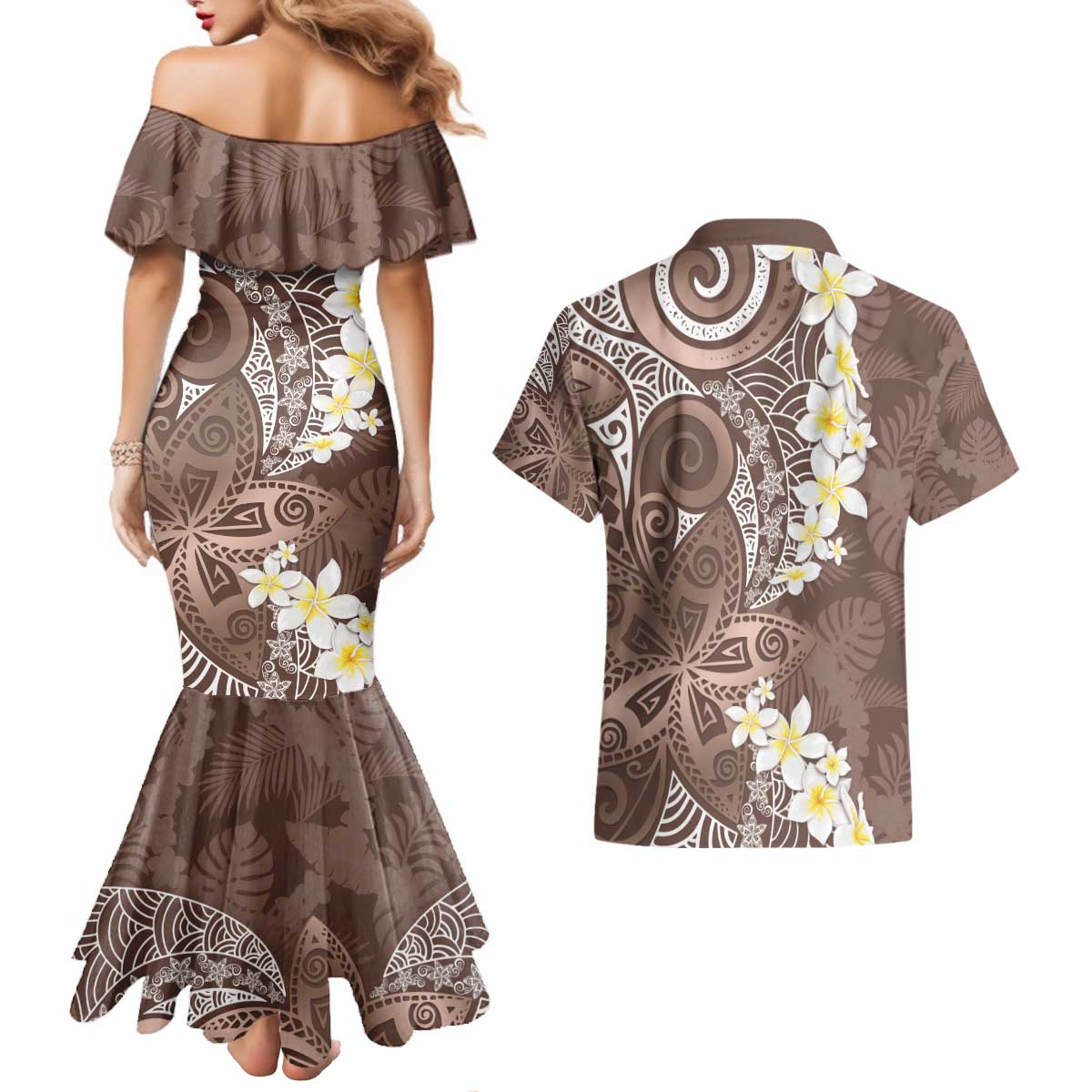 Mocha Mousse Polynesian Tribal Frangipani Tropical Vibe Couples Matching Mermaid Dress and Hawaiian Shirt