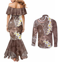 Mocha Mousse Polynesian Tribal Frangipani Tropical Vibe Couples Matching Mermaid Dress and Long Sleeve Button Shirt