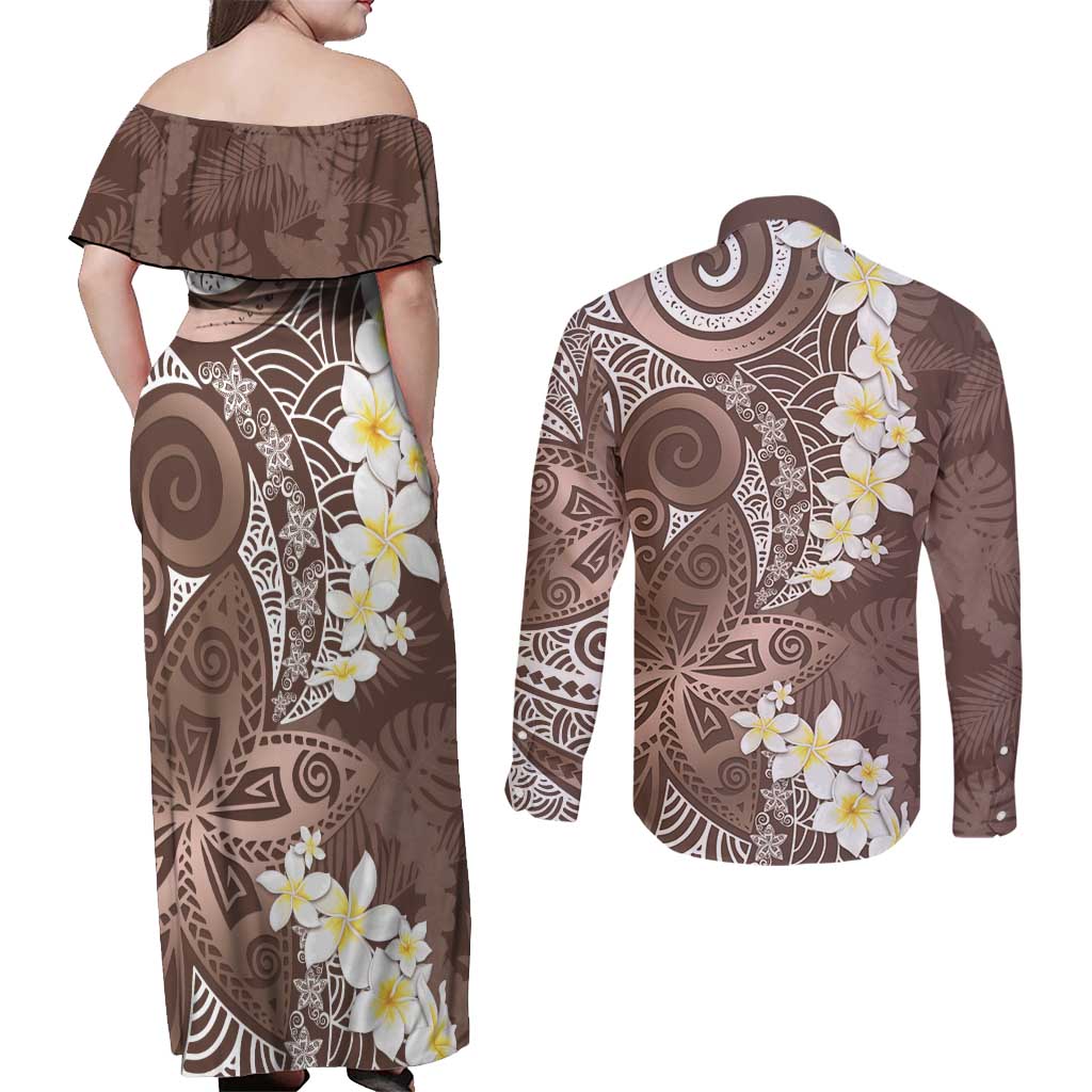 Mocha Mousse Polynesian Tribal Frangipani Tropical Vibe Couples Matching Off Shoulder Maxi Dress and Long Sleeve Button Shirt