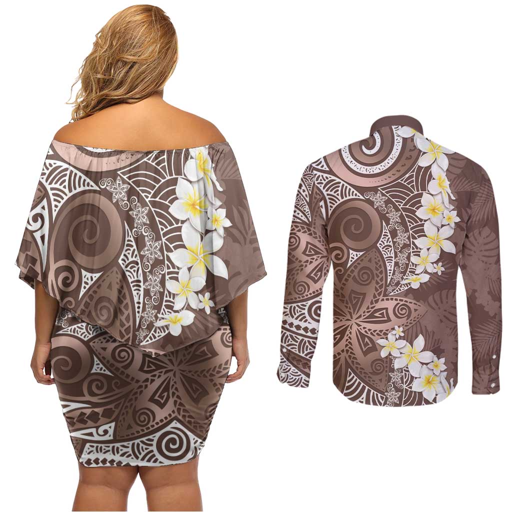 Mocha Mousse Polynesian Tribal Frangipani Tropical Vibe Couples Matching Off Shoulder Short Dress and Long Sleeve Button Shirt