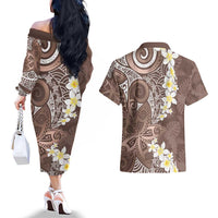 Mocha Mousse Polynesian Tribal Frangipani Tropical Vibe Couples Matching Off The Shoulder Long Sleeve Dress and Hawaiian Shirt