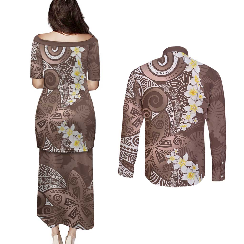 Mocha Mousse Polynesian Tribal Frangipani Tropical Vibe Couples Matching Puletasi and Long Sleeve Button Shirt