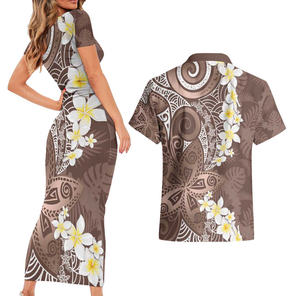Mocha Mousse Polynesian Tribal Frangipani Tropical Vibe Couples Matching Short Sleeve Bodycon Dress and Hawaiian Shirt
