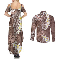 Mocha Mousse Polynesian Tribal Frangipani Tropical Vibe Couples Matching Summer Maxi Dress and Long Sleeve Button Shirt