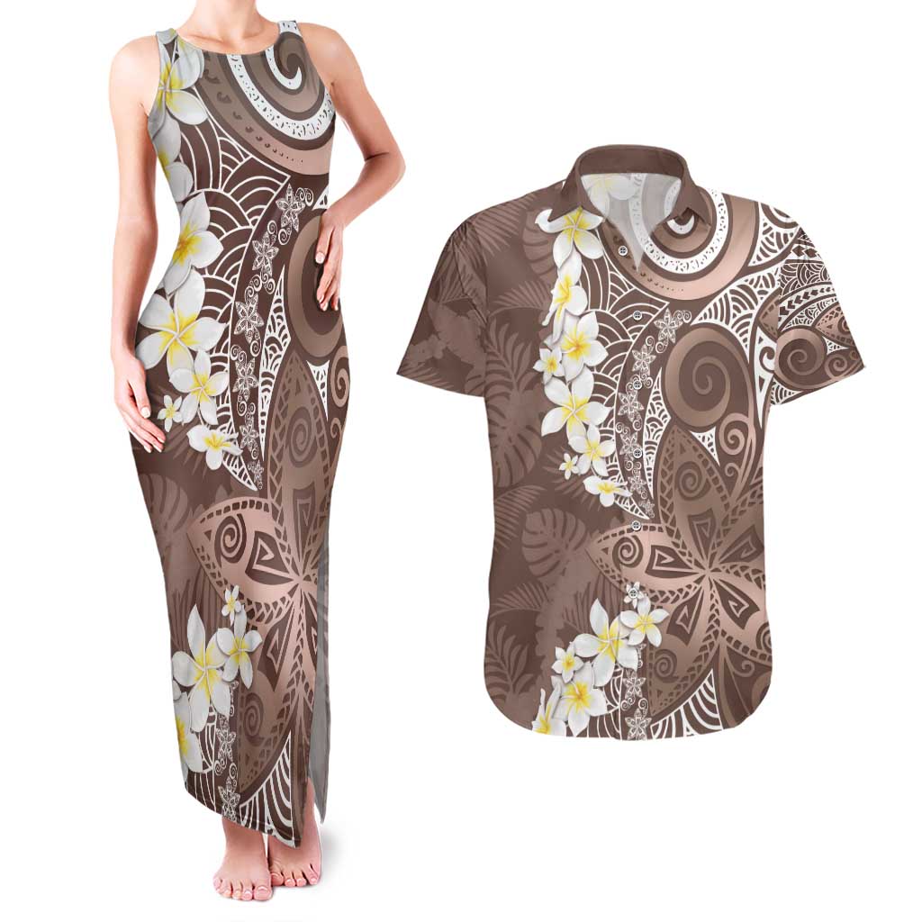 Mocha Mousse Polynesian Tribal Frangipani Tropical Vibe Couples Matching Tank Maxi Dress and Hawaiian Shirt
