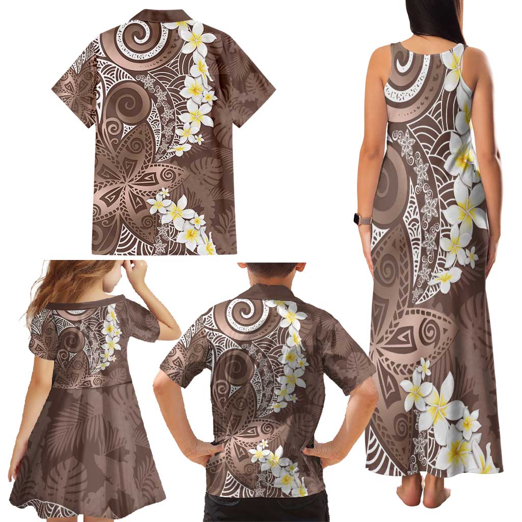 Mocha Mousse Polynesian Tribal Frangipani Tropical Vibe Family Matching Tank Maxi Dress and Hawaiian Shirt