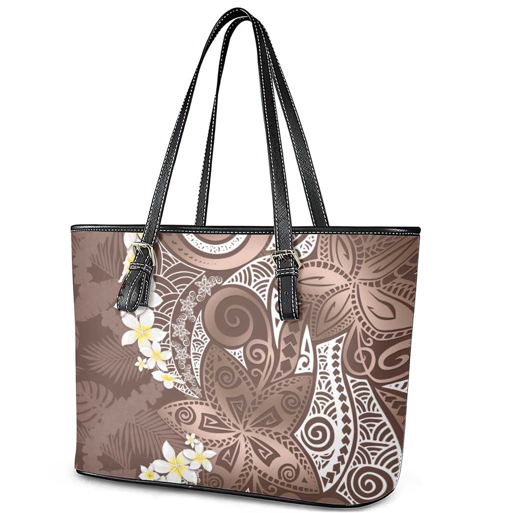 Mocha Mousse Polynesian Tribal Frangipani Tropical Vibe Leather Tote Bag