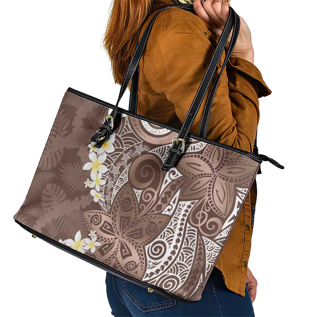 Mocha Mousse Polynesian Tribal Frangipani Tropical Vibe Leather Tote Bag