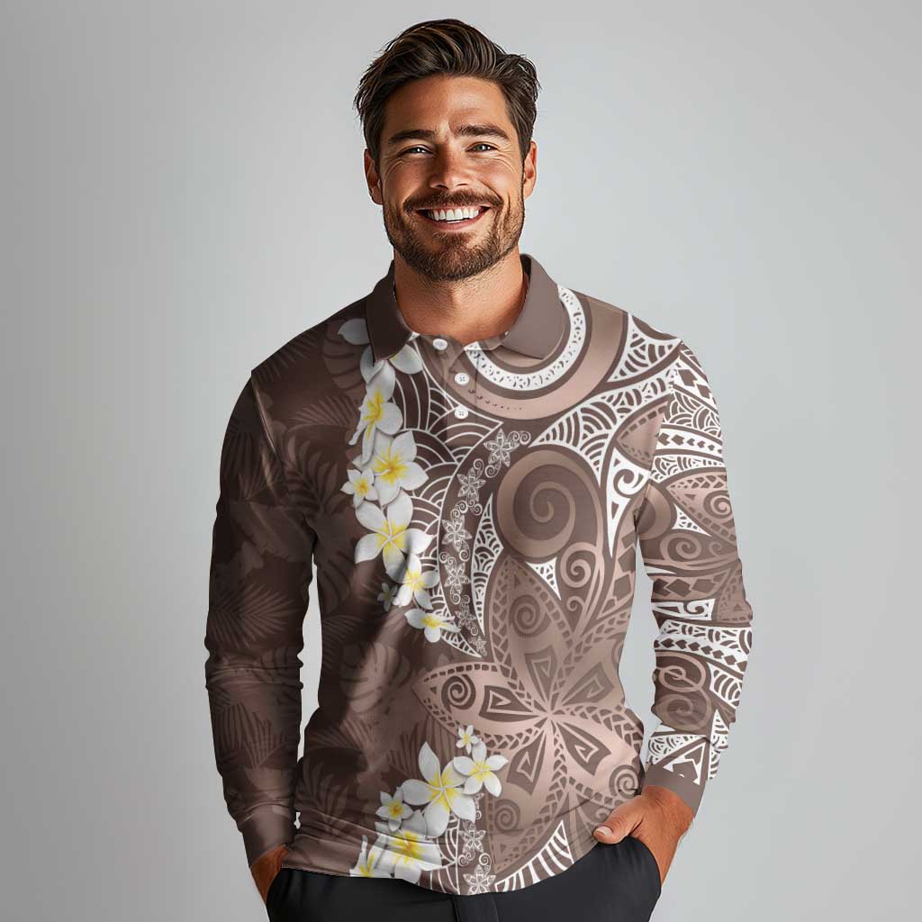 Mocha Mousse Polynesian Tribal Frangipani Tropical Vibe Long Sleeve Polo Shirt