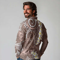 Mocha Mousse Polynesian Tribal Frangipani Tropical Vibe Long Sleeve Polo Shirt