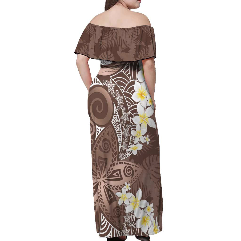 Mocha Mousse Polynesian Tribal Frangipani Tropical Vibe Off Shoulder Maxi Dress