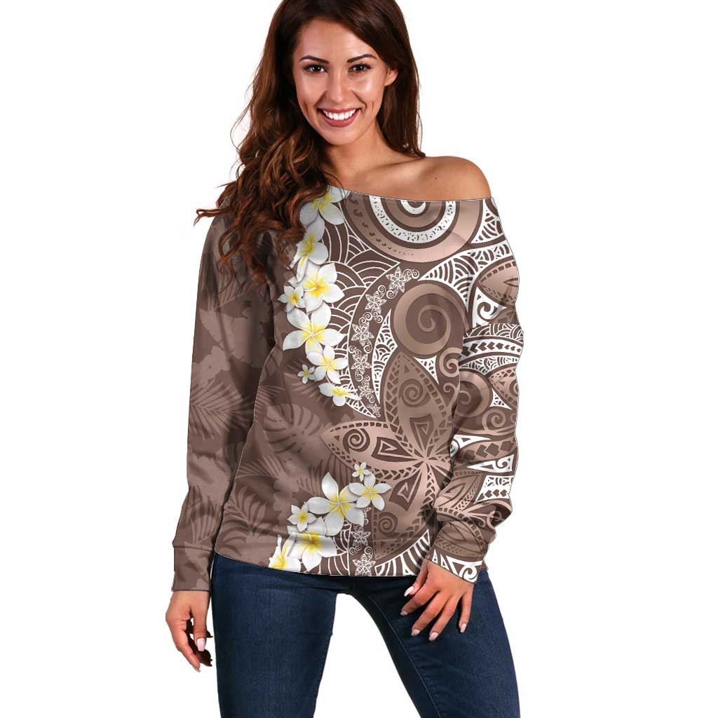 Mocha Mousse Polynesian Tribal Frangipani Tropical Vibe Off Shoulder Sweater LT14 Women Mocha Mousse - Polynesian Pride