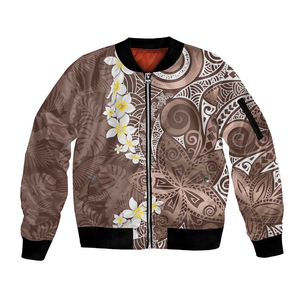 Mocha Mousse Polynesian Tribal Frangipani Tropical Vibe Sleeve Zip Bomber Jacket LT14 Unisex Mocha Mousse - Polynesian Pride