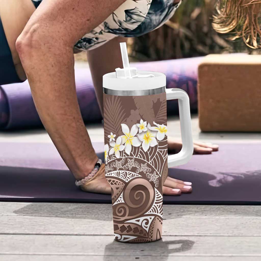 Mocha Mousse Polynesian Tribal Frangipani Tropical Vibe Tumbler With Handle