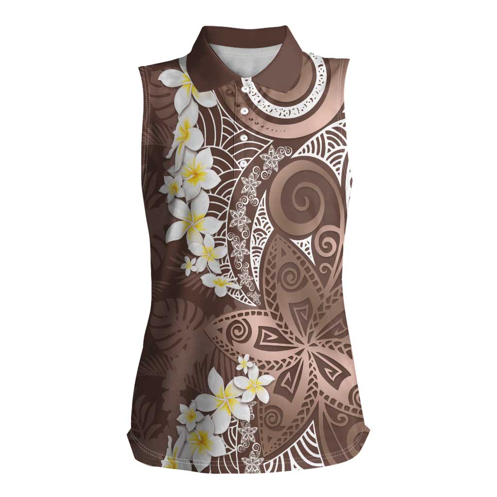 Mocha Mousse Polynesian Tribal Frangipani Tropical Vibe Women Sleeveless Polo Shirt