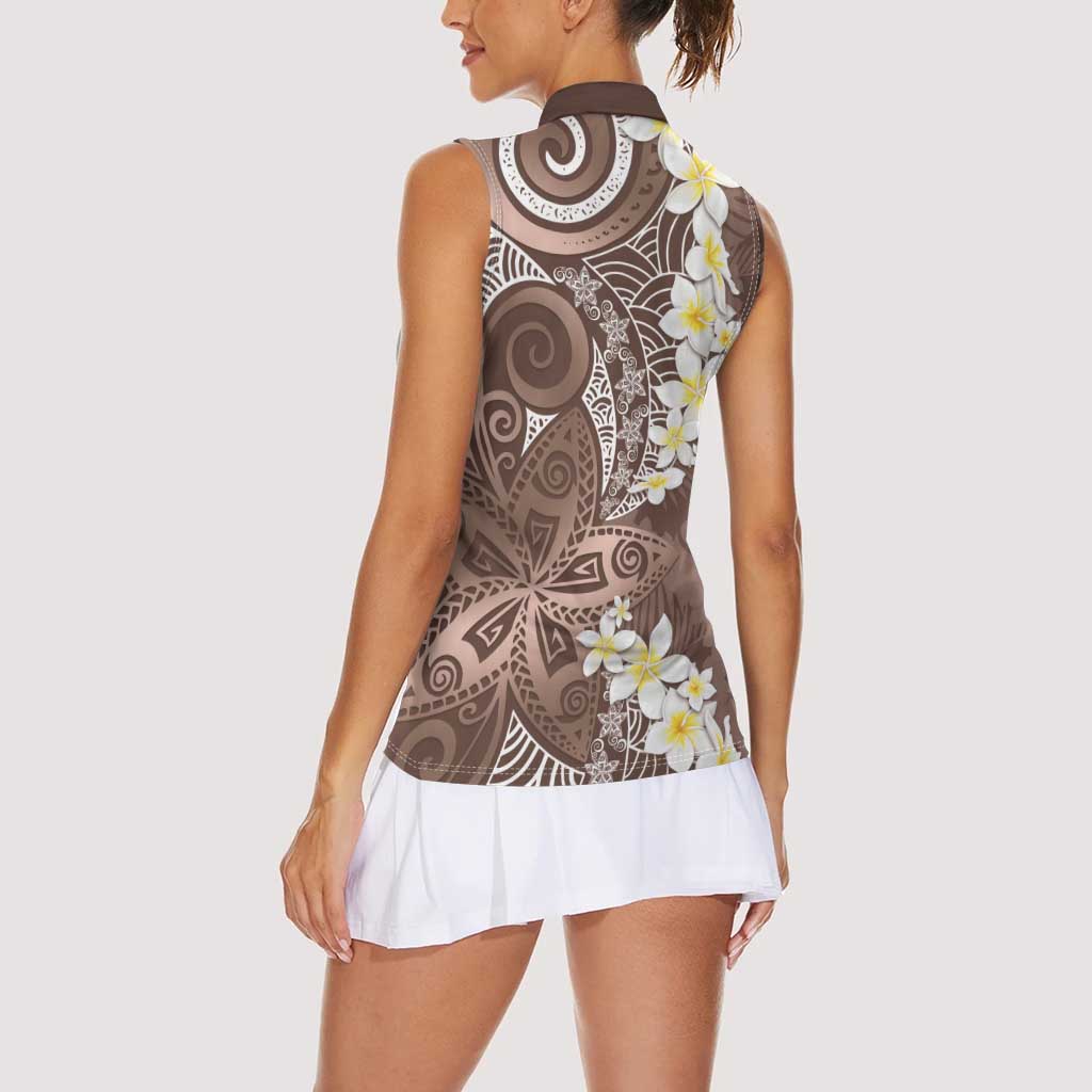 Mocha Mousse Polynesian Tribal Frangipani Tropical Vibe Women Sleeveless Polo Shirt